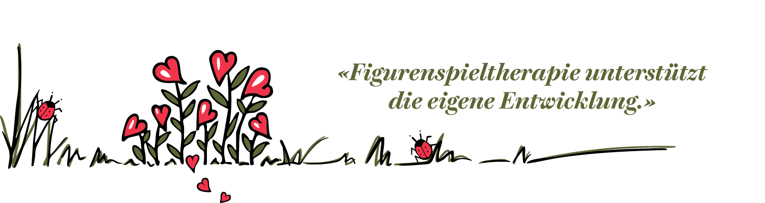 Zitat Figurenspieltherapie unterstützt die eigene Entwicklung. Links rote Herzblumen.