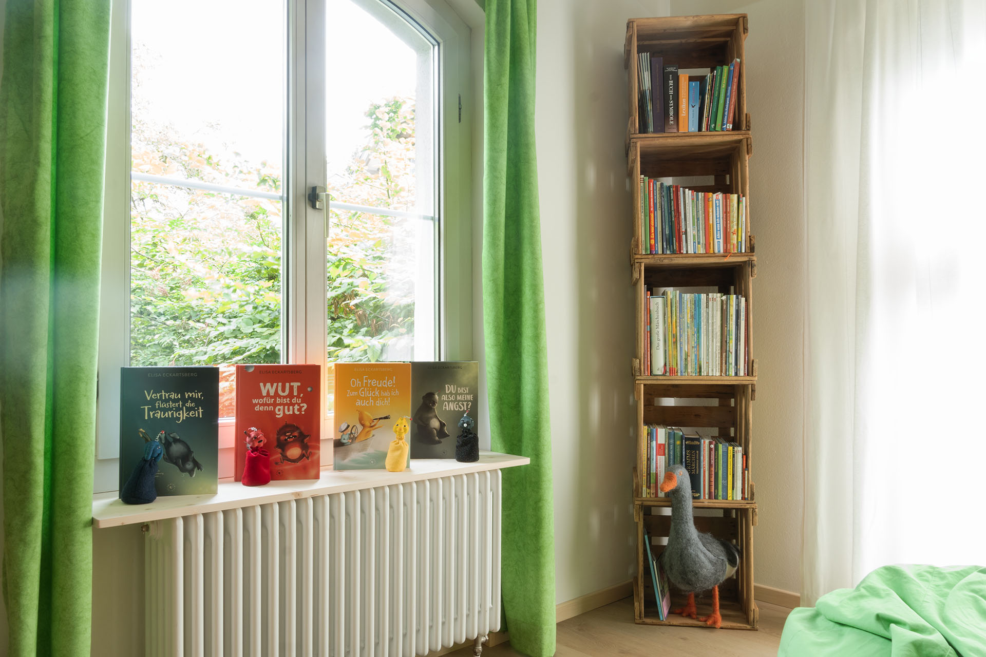 Blick aufs Fensterbrett mit vier Büchern und einem Bücherregal daneben. Die Bücher heissen "Vertrau mir, flüstert die Traurigkeit", "Wut, wofür bist du gut?", "Oh Freude! Zum Glück hab ich auch dich!" und "Du bist also meine Angst?".