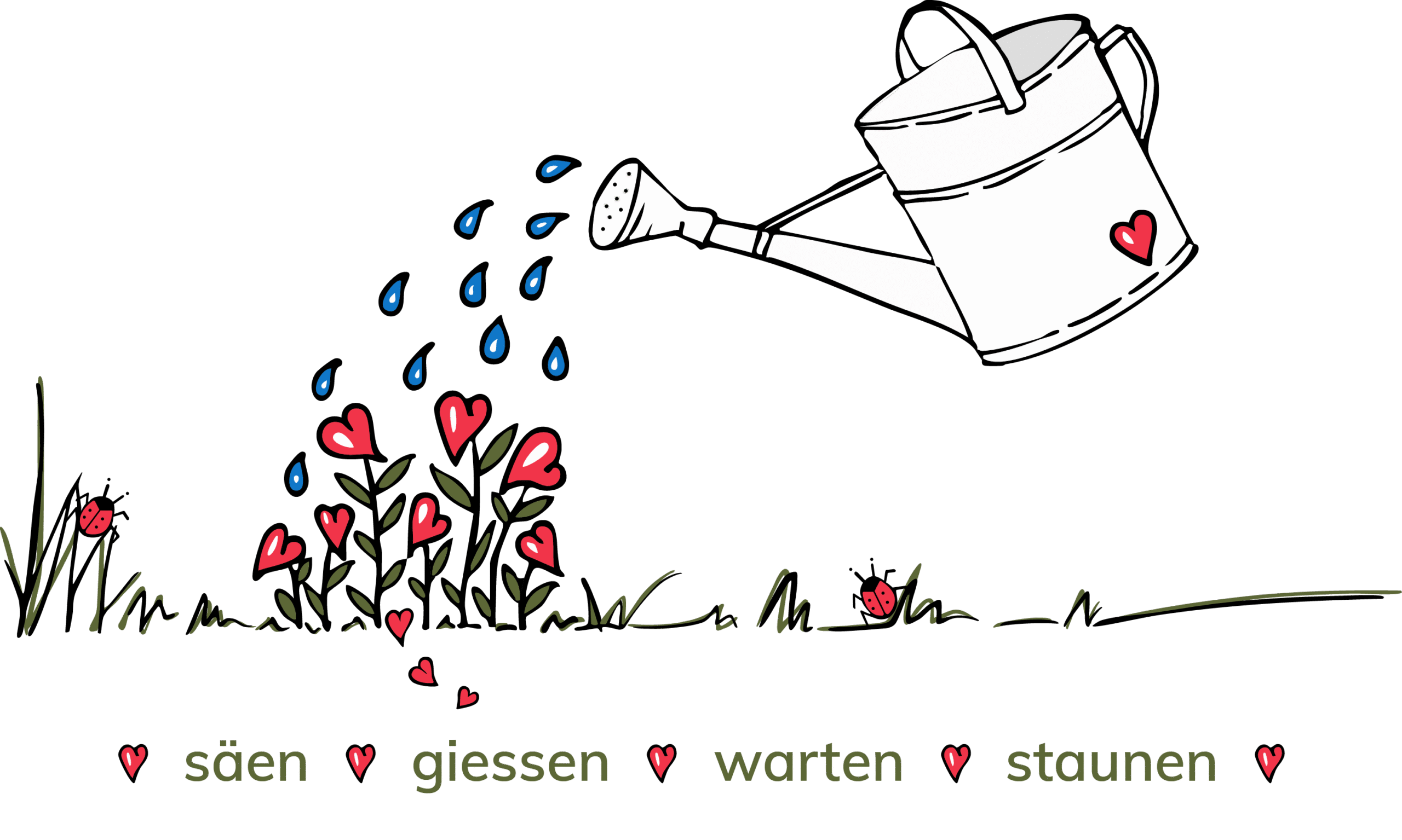 Logo Figurenspieltherapie Sophie Zurbuchen Weisse Giesskanne, die rote Herzblumen giesst