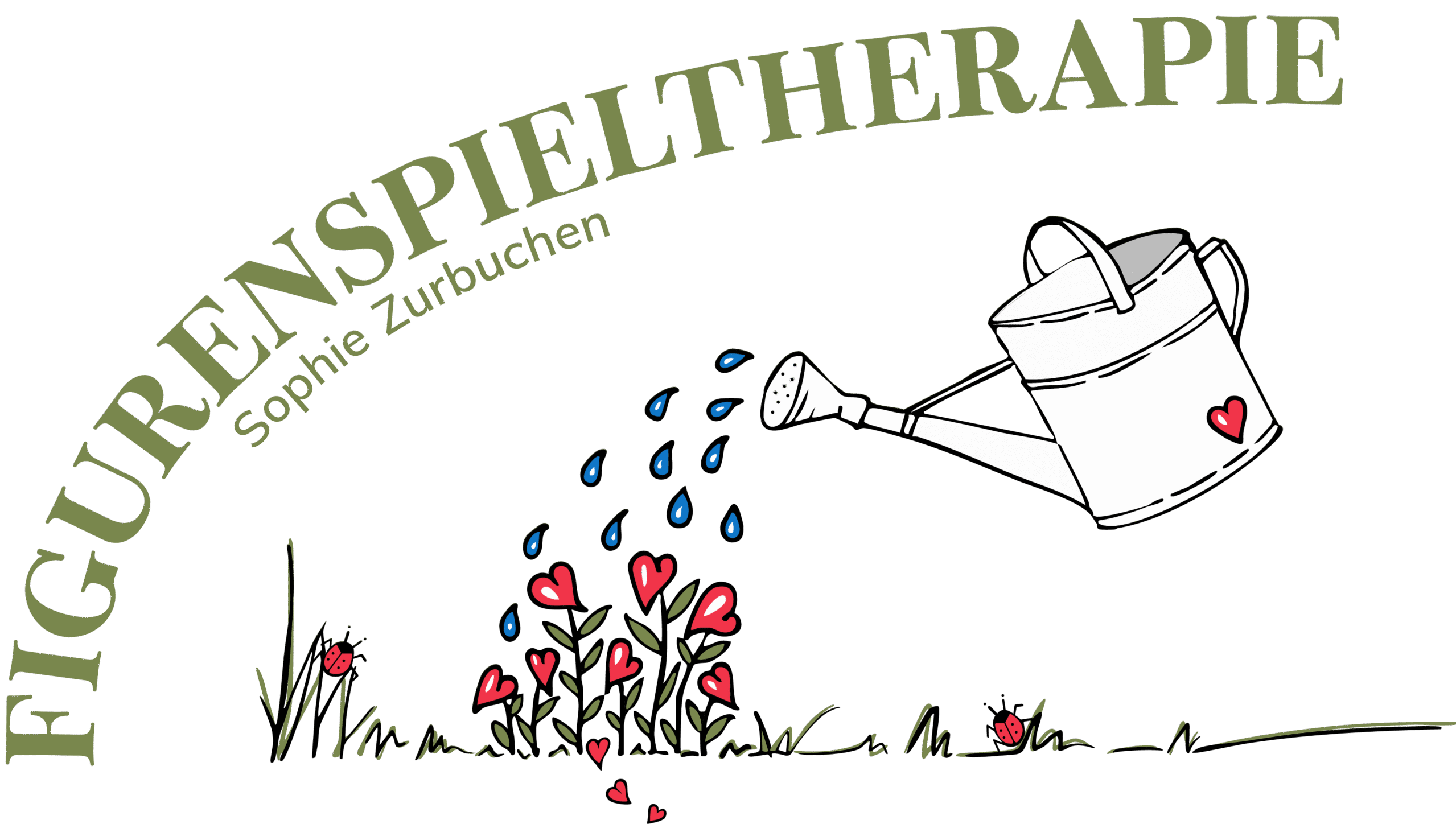 Text Figurenspieltherapie und Sophie Zurbuchen gebogen über eine weisse Giesskanne mit einem roten Herz und Blumen mit Herzen als Kopf. Marienkäfer im Gras.